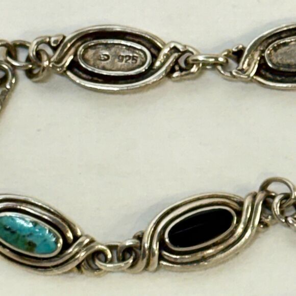 Vintage Boho SW 925 Silver Multi Stone Cabochon Link Bracelet 7" Turquoise Onyx - Picture 4 of 11